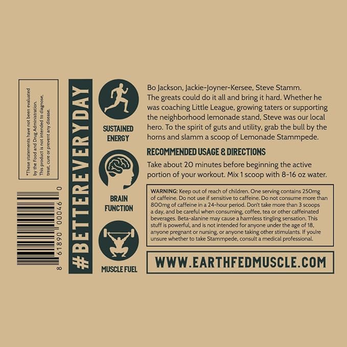 Earth Fed Muscle Stammpede Lemonade Pre Workout - Boosts Energy - Beta Alanine, 250mg Caffeine, Citrulline Malate, Taurine, Tyrosine - Soy Free, Gluten Free, Sugar Free. Keto Friendly - 26 Servings