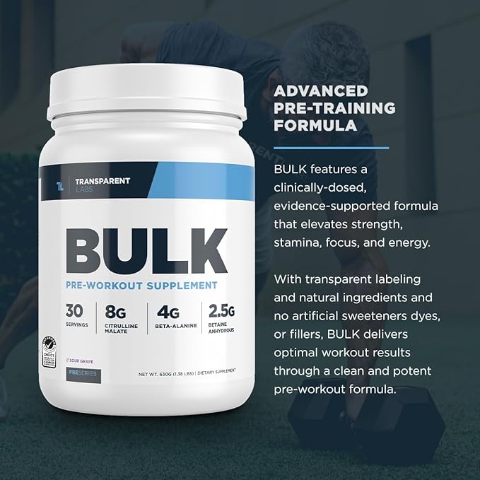 Transparent Labs Bulk Pre Workout Powder - Naturally Sweetened Advanced Pre-Workout Formula for Muscle Building and Strength - 30 Servings, Sour Grape