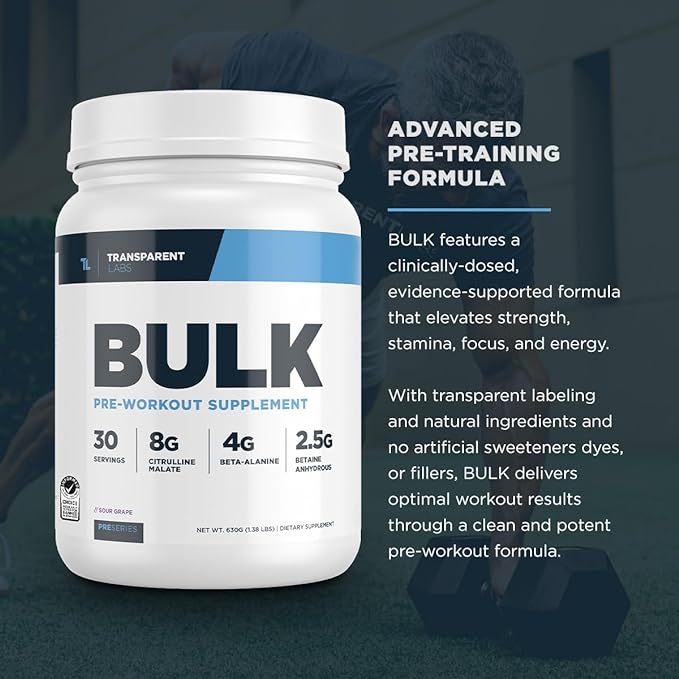 Transparent Labs Bulk Pre Workout Powder - Naturally Sweetened Advanced Pre-Workout Formula for Muscle Building and Strength - 30 Servings, Blue Raspberry