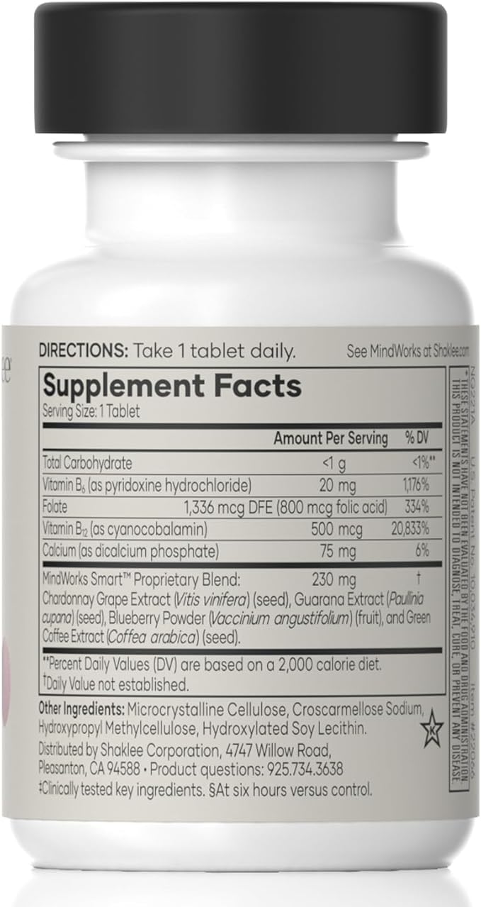 Shaklee MindWorks® - Brain Health Supplement for Brain Sharpness & Focus - Supported Nutrients & Extracts - Chardonnay Grape Seed Polyphenols, Guarana Extract, Vitamins B6, B12, Folate - 30 Tablets