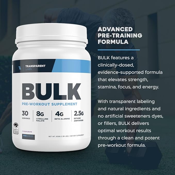 Transparent Labs Bulk Pre Workout Powder - Naturally Sweetened Advanced Pre-Workout Formula for Muscle Building and Strength - 30 Servings, Watermelon