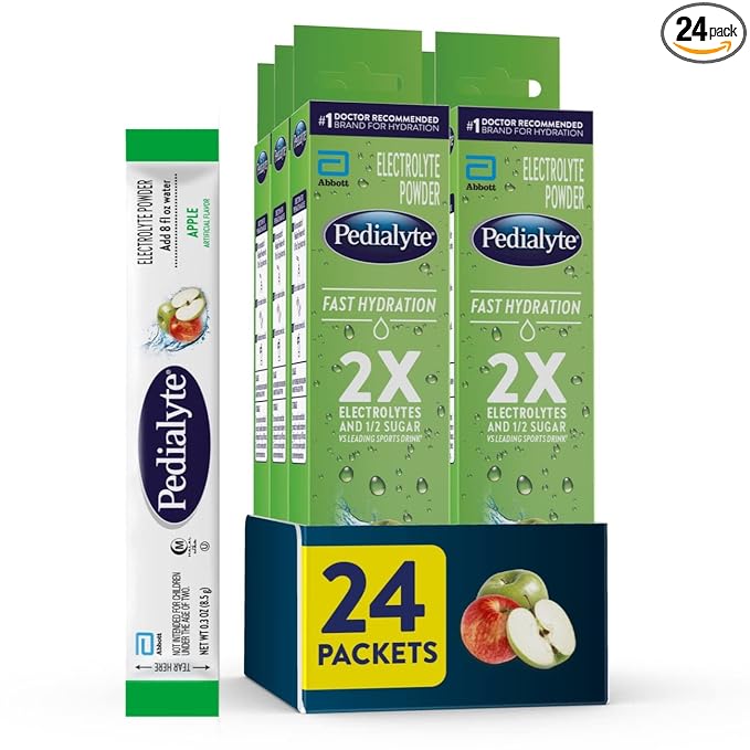 Pedialyte Fast Hydration Electrolyte Powder Packets, Apple, Hydration Drink, 24 Single-Serving Powder Packets