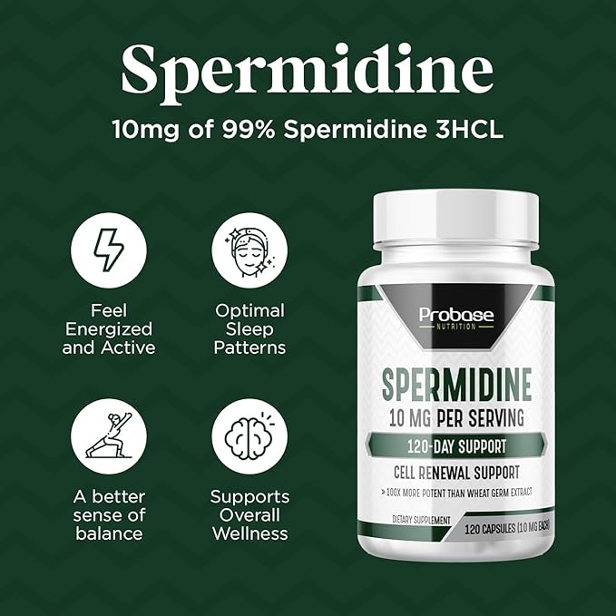 Spermidine (10mg of 99% Spermidine 3HCL - Third Party Tested) 120 Capsules - 100x More Potent Than Wheat Germ Extract, Telomere Health and Aging 120-Day Supply - As efficient as NMN