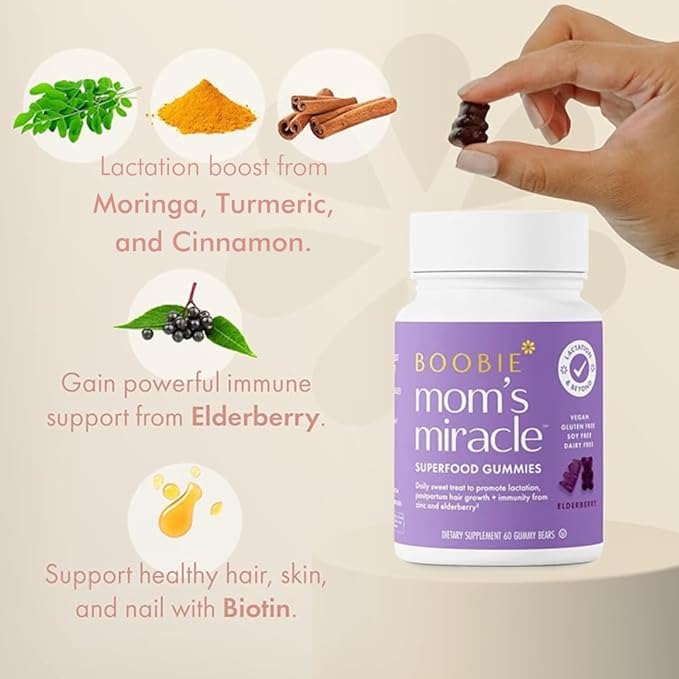 Boobie Bears Lactation Support Gummies | Helps As Milk Supply Booster & Supports Immune Health & Hair Growth | Breastfeeding Supplements with Zinc & Elderberry for Milk Supply Increase, 60 Count