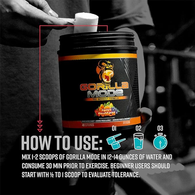 Gorilla Mode Pre Workout - Massive Pumps · Laser Focus · Energy · Power - L-Citrulline, Creatine, L-Tyrosine, Betaine, Hydroprime®, Alpha-GPC, 400mg Caffeine, Huperzine A - 816g (Fruit Punch)