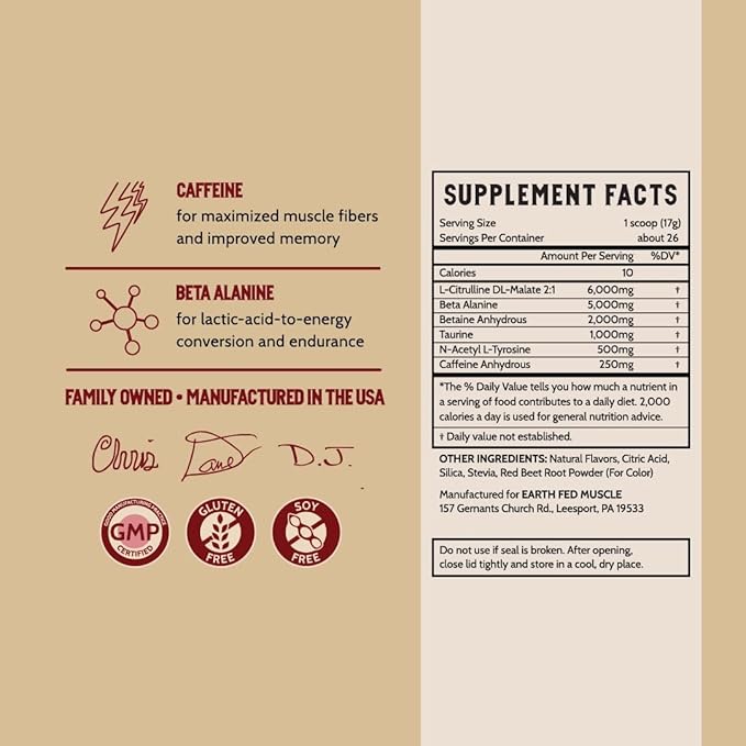 Earth Fed Muscle Stammpede DragoFruit Punch Pre Workout, 30 Servings, Boost Energy, Increase Endurance and Focus, Beta-Alanine, 250mg Caffeine, Citrulline Malate, Taurine, Tyrosine - Keto, No Sugar
