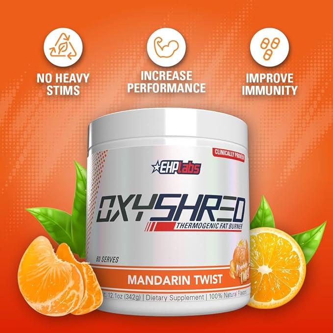 EHP Labs OxyShred Pre Workout Powder - Preworkout Powder with L Glutamine & Acetyl L Carnitine, Energy Boost Drink - Mandarin Twist, 60 Servings