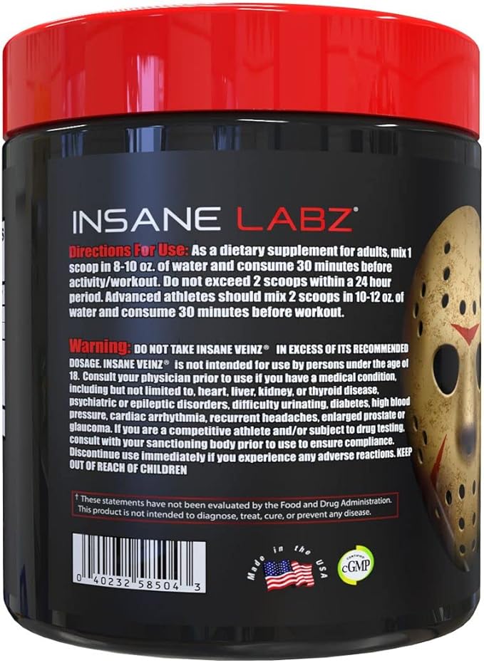 Insane Labz Insane Veinz Non Stimulant NO Enhancing Powder, Nitric Oxide Booster, Loaded with Agmatine Sulfate and Betaine Anhydrous, Increase Vascularity, 35 Srvgs, Apple