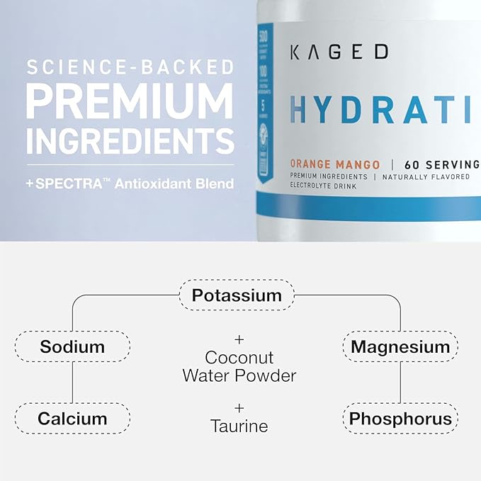 Kaged Electrolyte Hydration Powder | Hydracharge Orange Mango | Sports Drink for Men and Women | Pre, Post, Intra Workout Supplement | 60 Servings