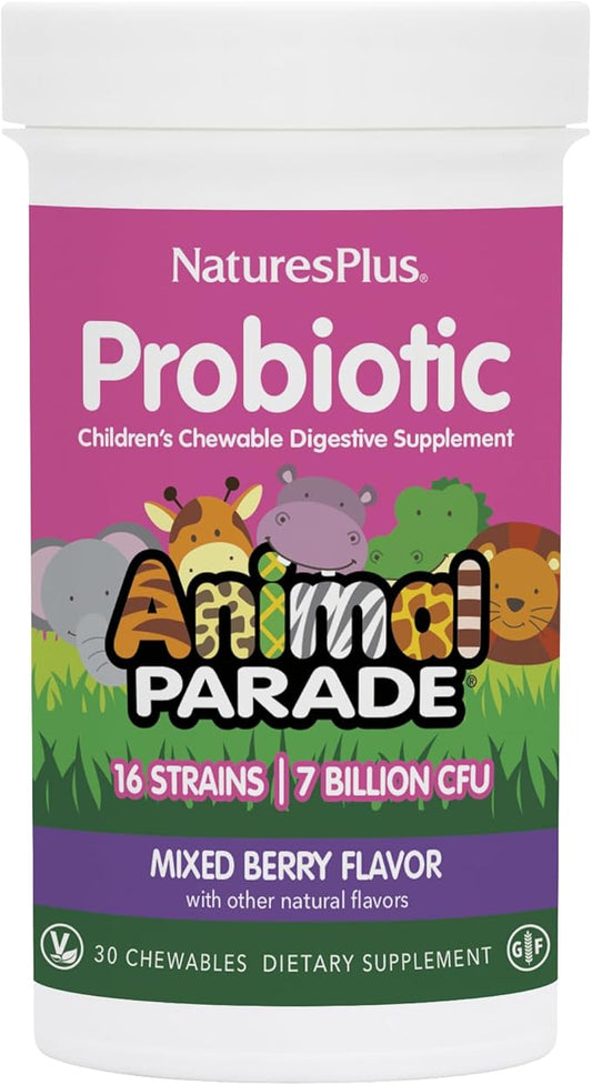 Natures Plus Animal Parade Probiotic, Mixed Berry - 30 Chewables - Children’s Digestion Supplement - Supports Gut Health & Immune Function - Vegan, Gluten Free - 30 Servings