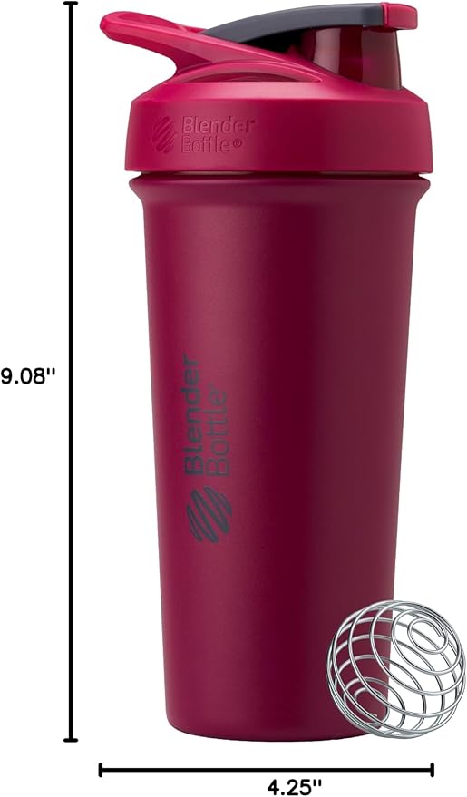 BlenderBottle Strada Sleek Shaker Cup Insulated Stainless Steel Water Bottle with Wire Whisk, 25-Ounce, Raspberry