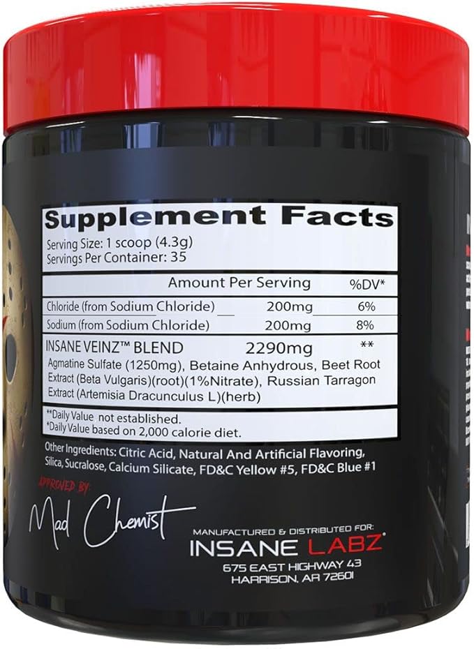 Insane Labz Insane Veinz Non Stimulant NO Enhancing Powder, Nitric Oxide Booster, Loaded with Agmatine Sulfate and Betaine Anhydrous, Increase Vascularity, 35 Srvgs, Apple