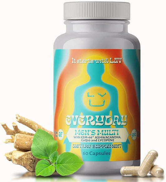 LUV Everyday™ Men's Multivitamin Men's Adult Formula Daily Nutritional Support with Iron Calcium KSM-66 Ashwaganda CoQ10 and Lycopene - Highly Bioavailable Non GMO Gluten Free Vegetarian - 60 Capsules