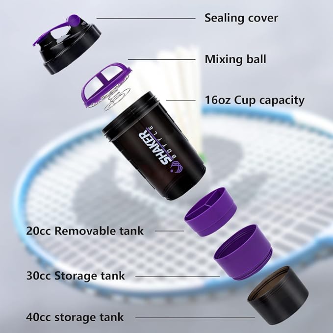 XTK Shaker Bottle Protein Shaker Bottles with Storage and Mix Ball, 16OZ Sports Water Bottle with Pill Organizer,Leak Proof Portable Shaker Bottles for Protein Mixes and Pre Work Out,BPA Free(purple)