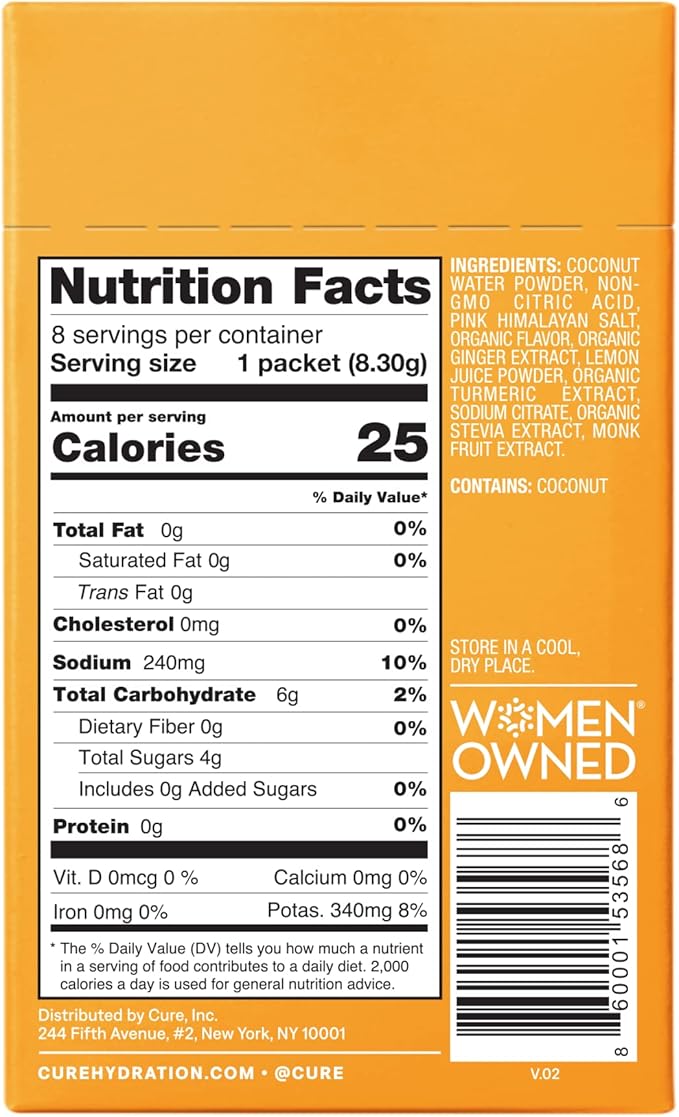 Cure Hydrating Plant Based Electrolyte Mix | Powder for Dehydration Relief | Made with Coconut Water | Non-GMO | No Added Sugar | FSA & HSA | Gluten Free | Box of 8 Packets - Ginger Turmeric