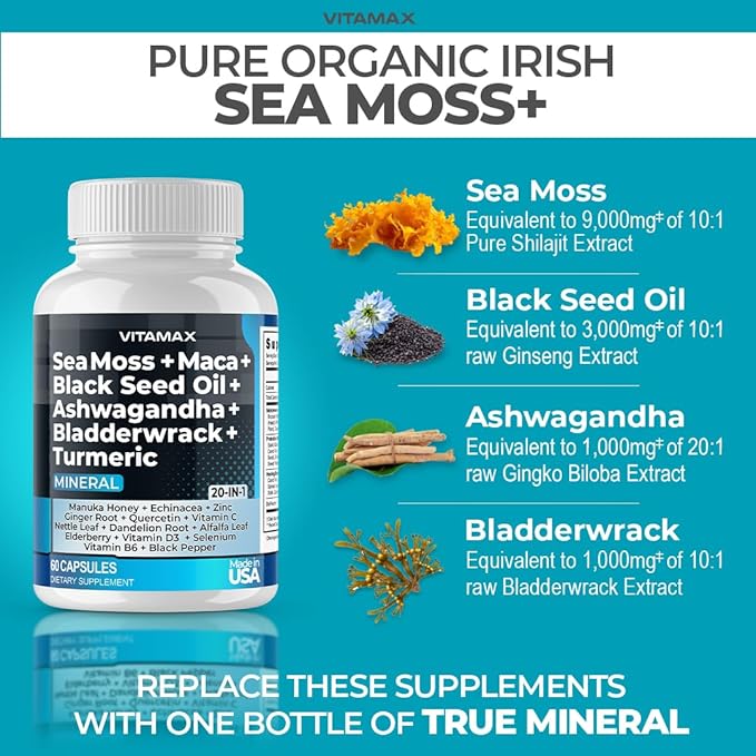 Pure Himalayan Shilajit Supplement 10,000mg Sea Moss 2,000mg Ashwagandha 6,000mg Bladderwrack 1000mg Gingko Biloba 500mg Organic Capsules & Trace Mineral for Men and Women – Made in USA