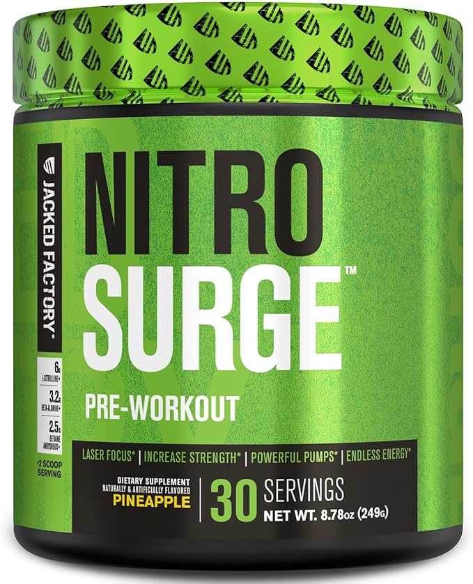 Jacked Factory NITROSURGE Pre Workout Supplement - for Energy, Instant Strength Gains, Clear Focus, Intense Pumps - Nitric Oxide Booster & Preworkout Powder with Beta Alanine - 30 Servings, Pineapple