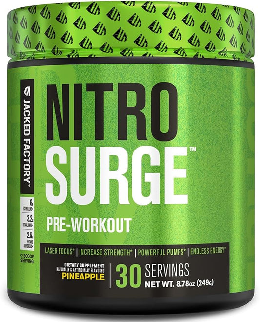 Jacked Factory NITROSURGE Pre Workout Supplement - for Energy, Instant Strength Gains, Clear Focus, Intense Pumps - Nitric Oxide Booster & Preworkout Powder with Beta Alanine - 30 Servings, Pineapple