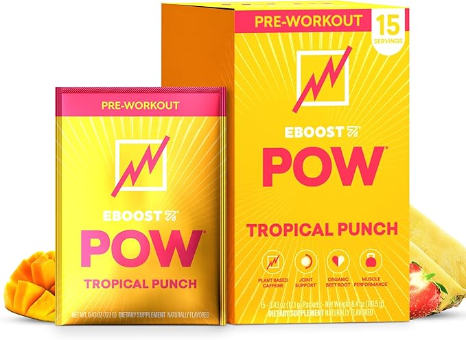 EBOOST POW Natural Pre Workout Powder – 15 Packets - Tropical Punch - A Pre Workout Supplement for Performance, Joint Mobility Support, Energy, Focus - Men & Women - Non-GMO, Gluten-Free, No Creatine