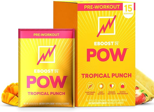 EBOOST POW Natural Pre Workout Powder – 15 Packets - Tropical Punch - A Pre Workout Supplement for Performance, Joint Mobility Support, Energy, Focus - Men & Women - Non-GMO, Gluten-Free, No Creatine