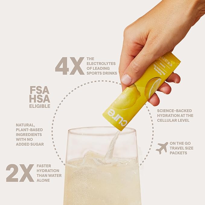 Cure Hydrating Plant Based Electrolyte Mix | Powder for Dehydration Relief | Made with Coconut Water | Non-GMO | No Added Sugar | FSA & HSA | Gluten Free | Box of 8 Packets - Ginger Turmeric