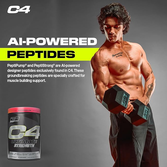 Cellucor C4 Ultimate Strength Pre Workout Powder - Tri-Stim Experience 300mg Caffeine+TeaCrine+Dynamine - Creatine & Beta-Alanine - Energy Supplement for Men & Women - Watermelon, 20 Servings