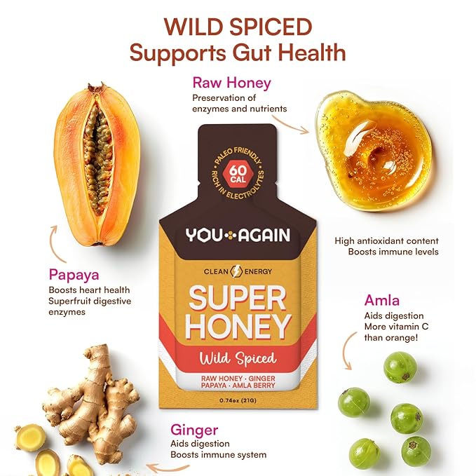 You Again Super Honey Wild Spiced Packets | Workout Clean Energy Gel Packs | Cycling, Endurance, Running Gel or Energy Snack | Paleo & Carnivore Snack | Gluten-Free | Made in USA | 8 Count
