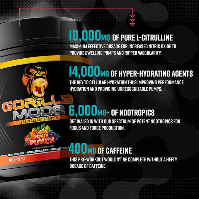 Gorilla Mode Pre Workout - Massive Pumps · Laser Focus · Energy · Power - L-Citrulline, Creatine, L-Tyrosine, Betaine, Hydroprime®, Alpha-GPC, 400mg Caffeine, Huperzine A – 808g (White Gummy Bear)