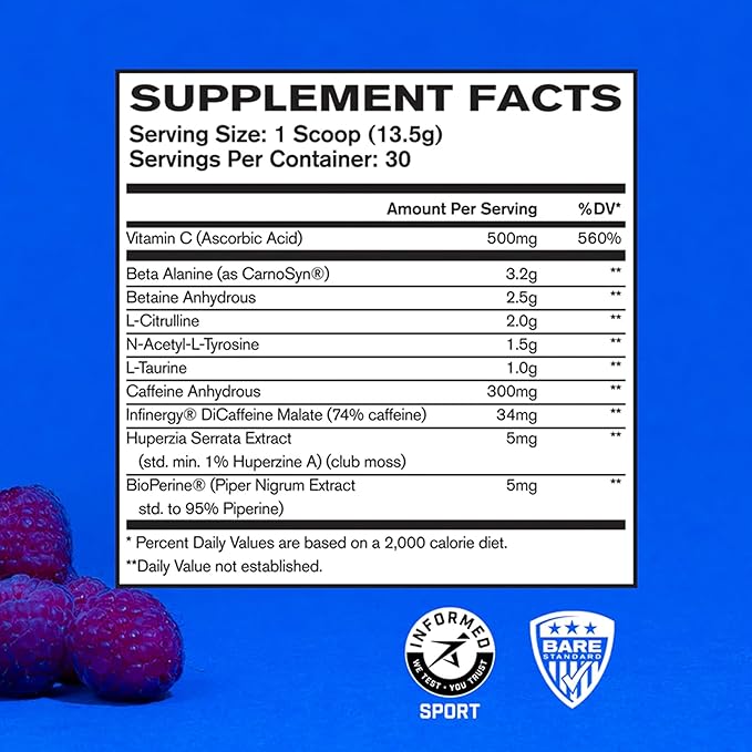 Bare Performance Nutrition BPN Flight Pre Workout, Supports Energy and Mental Focus, Improved Endurance & Muscle Pumps with CarnoSyn® Beta Alanine, Blue Raspberry, 30 Servings