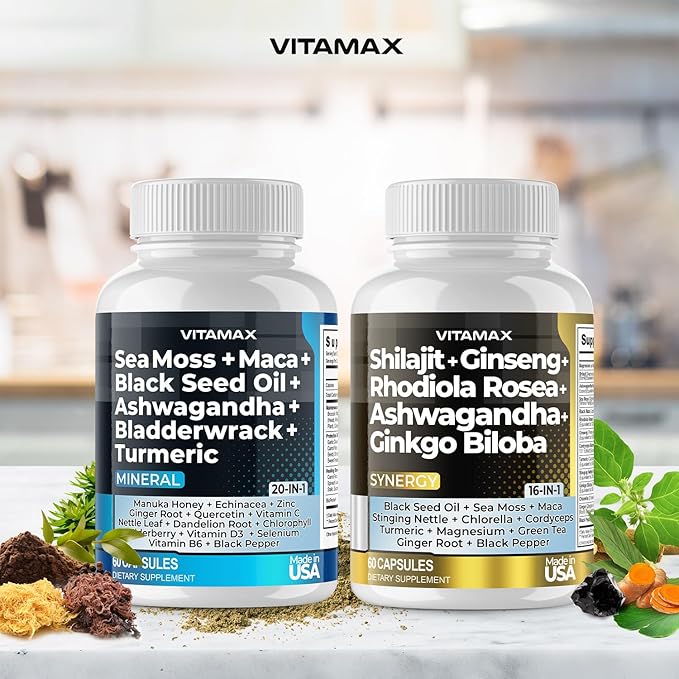 Pure Himalayan Shilajit Supplement 10,000mg Sea Moss 2,000mg Ashwagandha 6,000mg Bladderwrack 1000mg Gingko Biloba 500mg Organic Capsules & Trace Mineral for Men and Women – Made in USA
