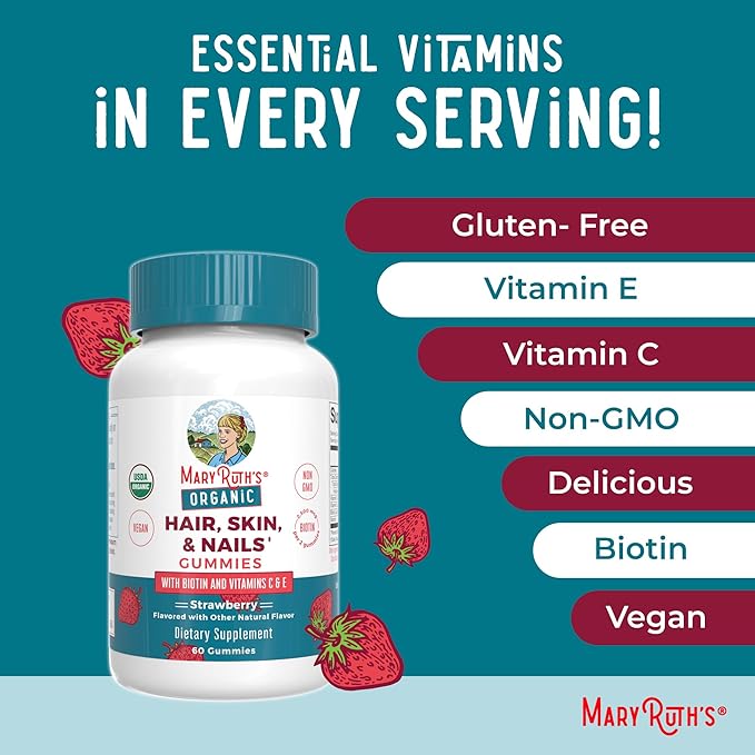 MaryRuth Organics Hair | Skin | and Nails Vitamins | Biotin Gummies with Vitamin C & Vitamin E | Hair Growth Vitamins | Skin Care | Nail Strength | USDA Organic Gummies for Ages 14+ | 60 Count