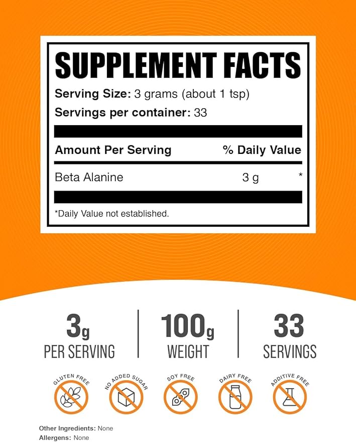 BulkSupplements.com Beta Alanine Powder - Beta Alanine Supplement, Beta Alanine Pre Workout, Beta Alanine 3000mg - Unflavored & Gluten Free, 3g per Serving, 100g (3.5 oz) (Pack of 1)