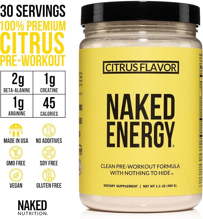 Naked Citrus Naked Energy - Citrus Flavored Clean Pre Workout Supplement for Men and Women, Vegan Friendly, No Added Sweeteners, Colors Or Flavors - 30 Servings