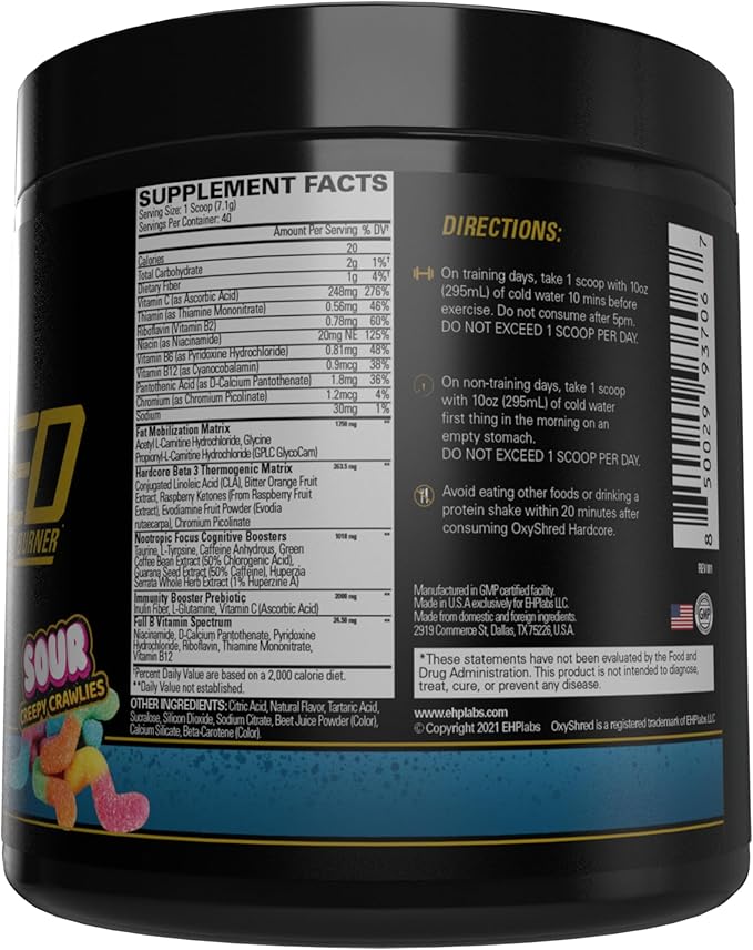 EHP Labs OxyShred Hardcore Super Dosed Pre Workout Powder - Preworkout Powder with L Glutamine & Acetyl L Carnitine, Energy Boost Drink - 275mg of Caffeine - Sour Crawlies, 40 Servings