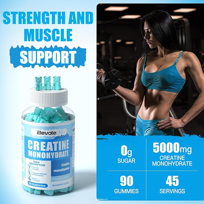 Creatine Monohydrate Gummies 5000mg for Men & Women, Chewables Creatine Monohydrate for Muscle Strength, Muscle Builder, Energy Boost, Pre-Workout Supplement(90 Count)-Blueberry