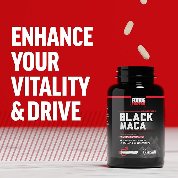 FORCE FACTOR Black Maca Root 1000mg, Vitality Supplement for Men with Black Pepper Extract for Absorption, Natural Maca Negra Extract, 90 Capsules