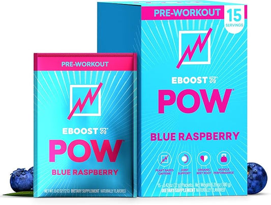 EBOOST POW Natural Pre Workout Powder – 15 Packets - Blue Raspberry - A Pre Workout Supplement for Performance, Joint Mobility Support, Energy, Focus - Men & Women - Non-GMO, Gluten-Free, No Creatine