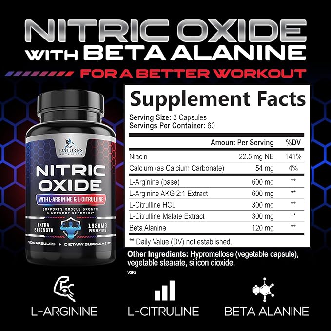 Extra Strength Nitric Oxide Supplement L Arginine 3X Strength - Citrulline Malate, AAKG, Beta Alanine - Premium Muscle Supporting Nitric Oxide Booster for Strength & Energy Supplements - 180 Capsules