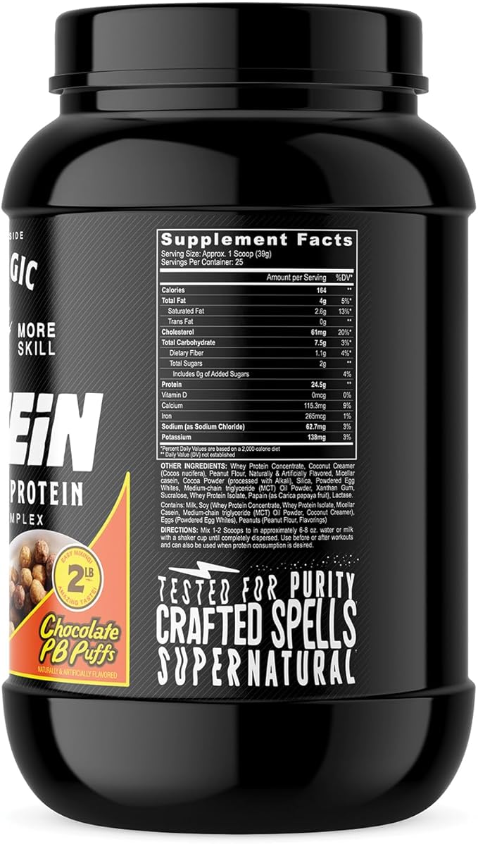 Black Magic Protein Powder - Whey, Egg, and Casein Complex with Enzymes & MCT Powder - Pre Workout and Post Workout - New Look- Famous Chocolate Peanut Butter Puffs - 24g Protein - 2 LB