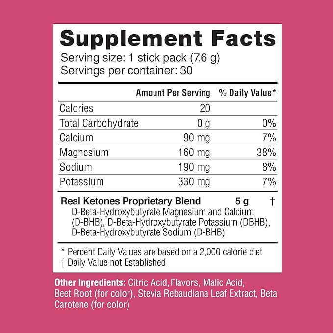 Real Ketones BHB Exogenous Ketones Drink Mix Packets Keto Electrolytes Powder Packets No Sugar with 4 Main Fasting Electrolytes Plus Hydrating Patented Keto BHB - 30 Count Raspberry Lemonade