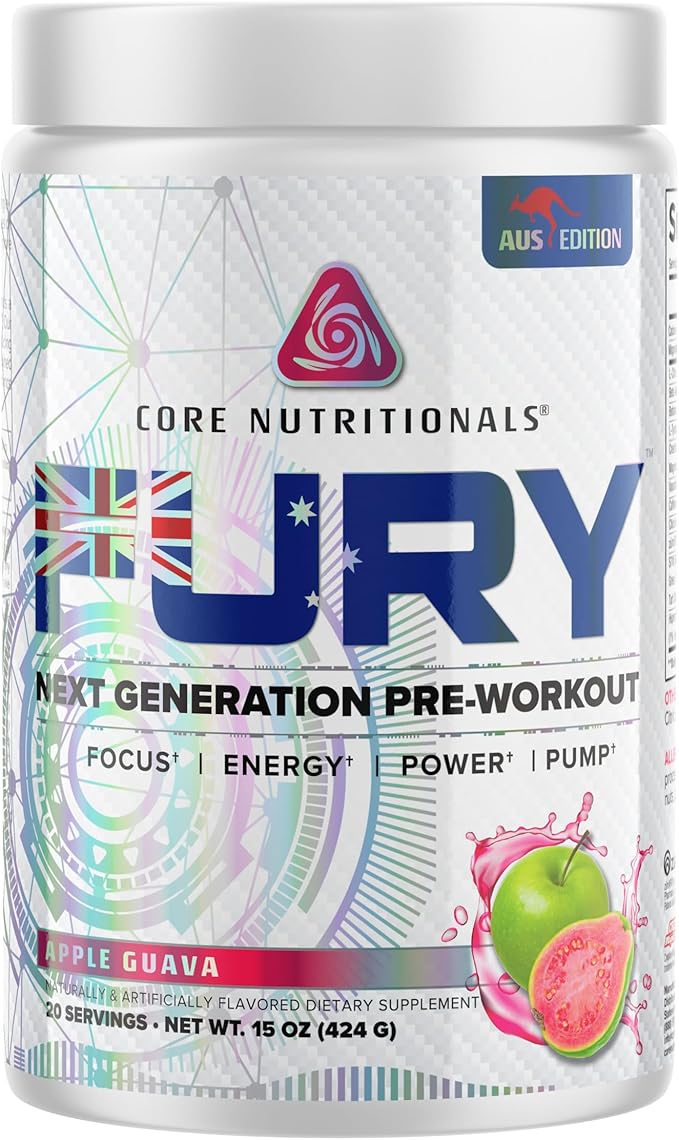 Core Nutritionals Fury Platinum Pre Workout Intensifier with 375mg Caffeine, 5G Creatine Monohydrate, 6G L-Citruline for Maximum Pump, Power, Focus and Energy, 20 Servings (Apple Guava)