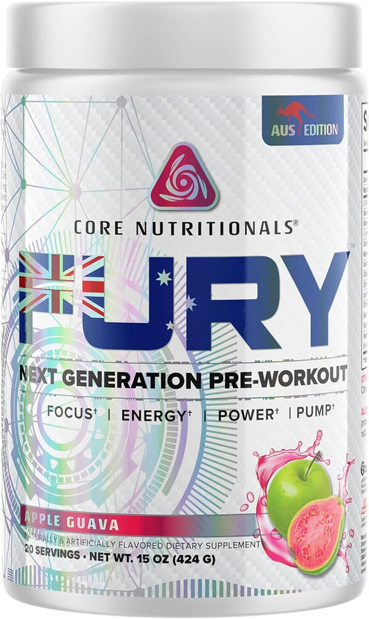 Core Nutritionals Fury Platinum Pre Workout Intensifier with 375mg Caffeine, 5G Creatine Monohydrate, 6G L-Citruline for Maximum Pump, Power, Focus and Energy, 20 Servings (Apple Guava)