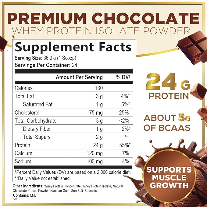 Whey Protein Powder, Rich Double Chocolate Whey Isolate with 24g Protein & BCAAs - Support Muscle Growth, Recovery & Fitness - Gluten Free, Fast Absorbing, Easy Digesting for Women & Men - 24 Servings