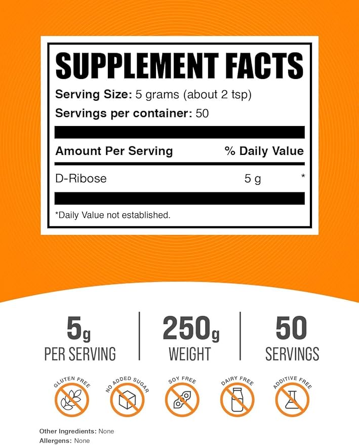 BulkSupplements.com D-Ribose Powder - D-Ribose Supplement, Ribose 5000mg, for Energy Support - Unflavored & Gluten Free, 5000mg per Serving, 250g (8.8 oz) (Pack of 1)