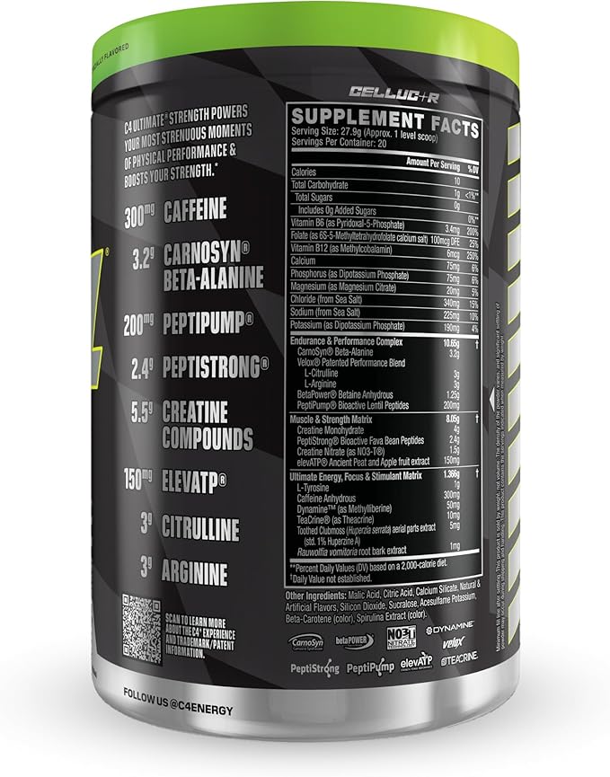 Cellucor C4 Ultimate Strength Pre Workout Powder - Tri-Stim Experience 300mg Caffeine+TeaCrine+Dynamine - Creatine & Beta-Alanine - Energy Supplement for Men & Women - Sour Green Apple, 20 Servings
