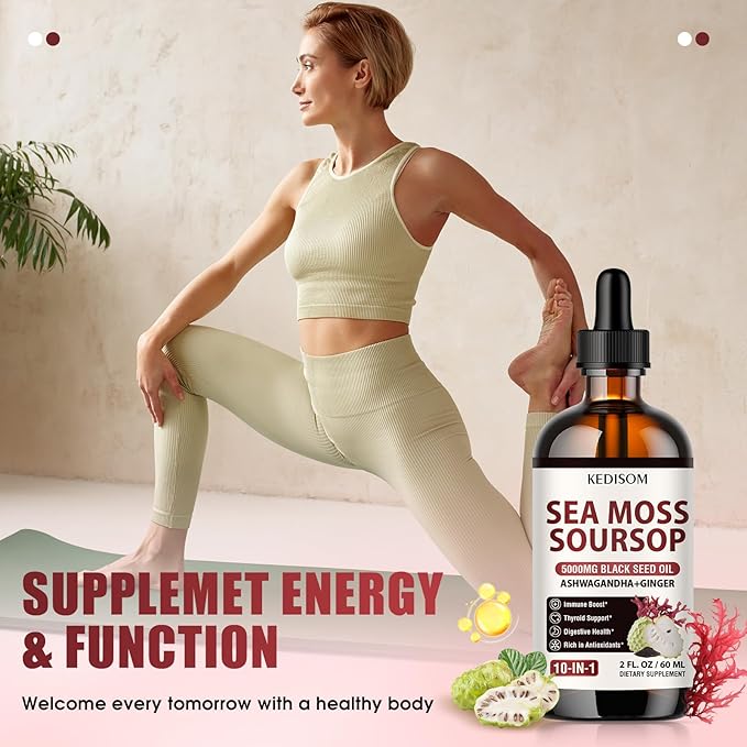 Irish Sea Moss Soursop Drops 2 Fl Oz - Sea Moss Black Seed Oil Multivitamin Liquid with Ashwagandha, Burdock Root, Bladderwrack, Soursop Seamoss Supplement for Gut, Immunity, Thyroid Support