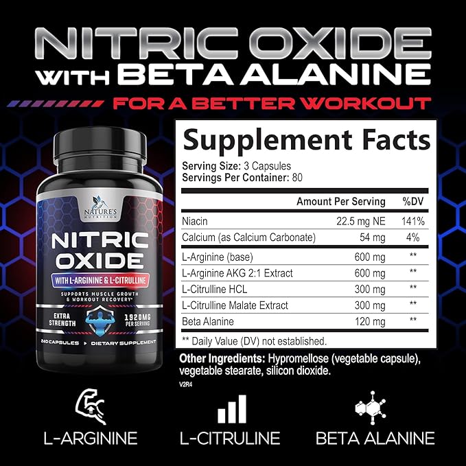 Extra Strength Nitric Oxide Supplement L Arginine 3X Strength - Citrulline Malate, AAKG, Beta Alanine - Premium Muscle Supporting Nitric Oxide Booster for Strength & Energy Supplements - 240 Capsules