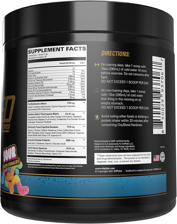EHP Labs OxyShred Hardcore Super Dosed Pre Workout Powder - Preworkout Powder with L Glutamine & Acetyl L Carnitine, Energy Boost Drink - 275mg of Caffeine - Sour Crawlies, 40 Servings