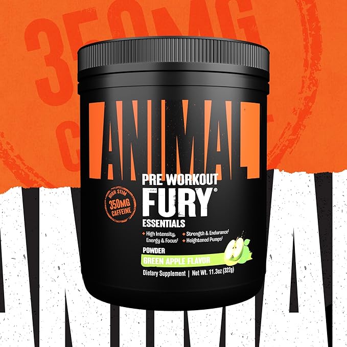 Animal Fury Pre Workout Powder - Energy and Focus Supplement with 5g BCAA, 350mg Caffeine Nitric Oxide Booster with Beta-Alanine, Preworkout for Men and Women, Green Apple Flavor, 20 Servings