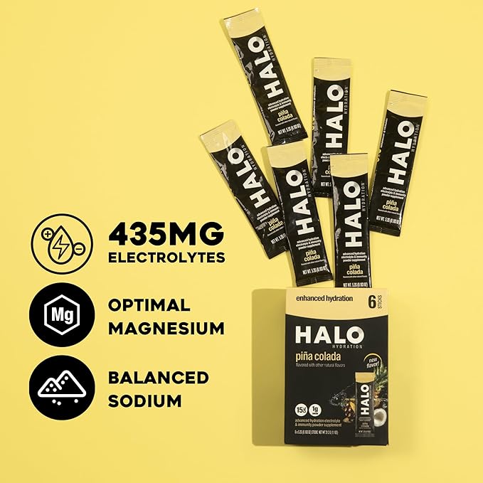 Halo Hydration - Electrolyte Drink Mix | Hydration Powder Packets | Pina Colada Flavor – for Sports and Cycling | Easy Open Single Serving Stick | 12 Sticks